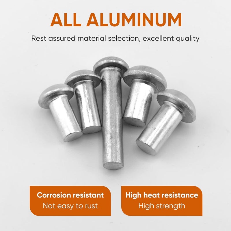 ALLCLEAN 1/4" Diameter X 3/8" Length Solid Aluminum Brazier Head Rivets,Aluminum Boat Rivets,Round/Dome Head Rivet,Pack of 150 - Image 3
